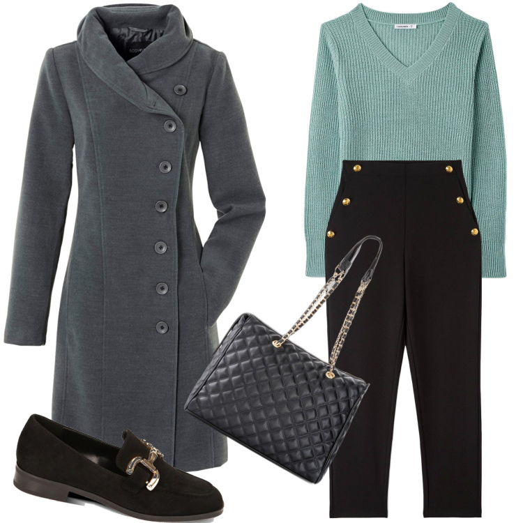 Outfit donna - Un maglioncino latte e menta. Stile Glamour per Ufficio. Abbinamento con cappotti, shopping bag, pantaloni chino, maglieria, mocassini.