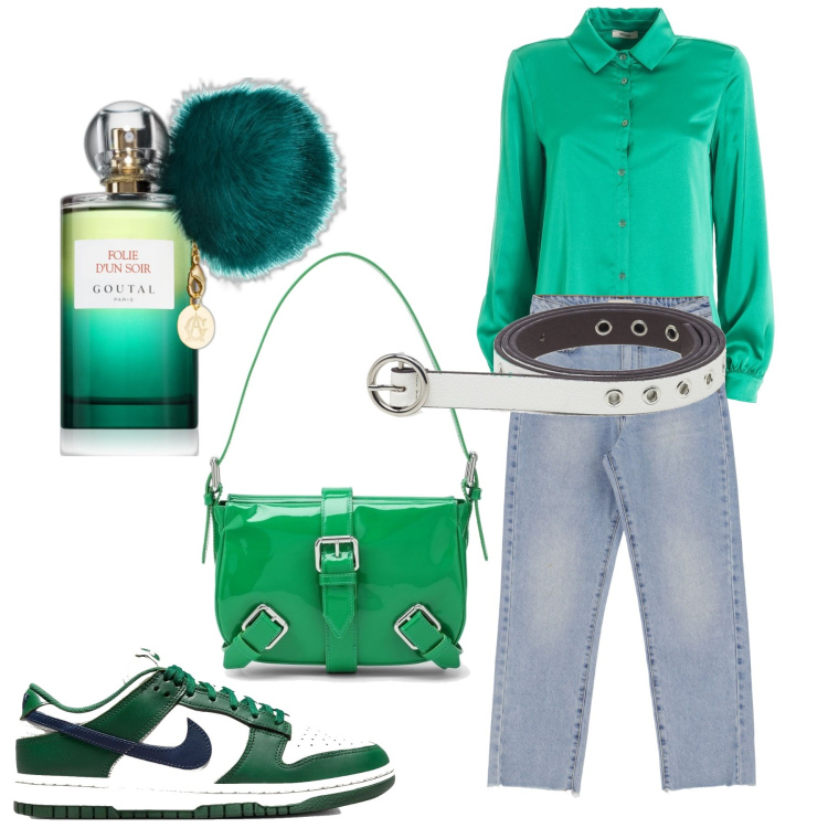 Outfit donna - Verde brillante. Stile Casual chic per Scuola/Università. Abbinamento con profumi, camicie, jeans dritti, cinture, sneakers, borse a spalla.
