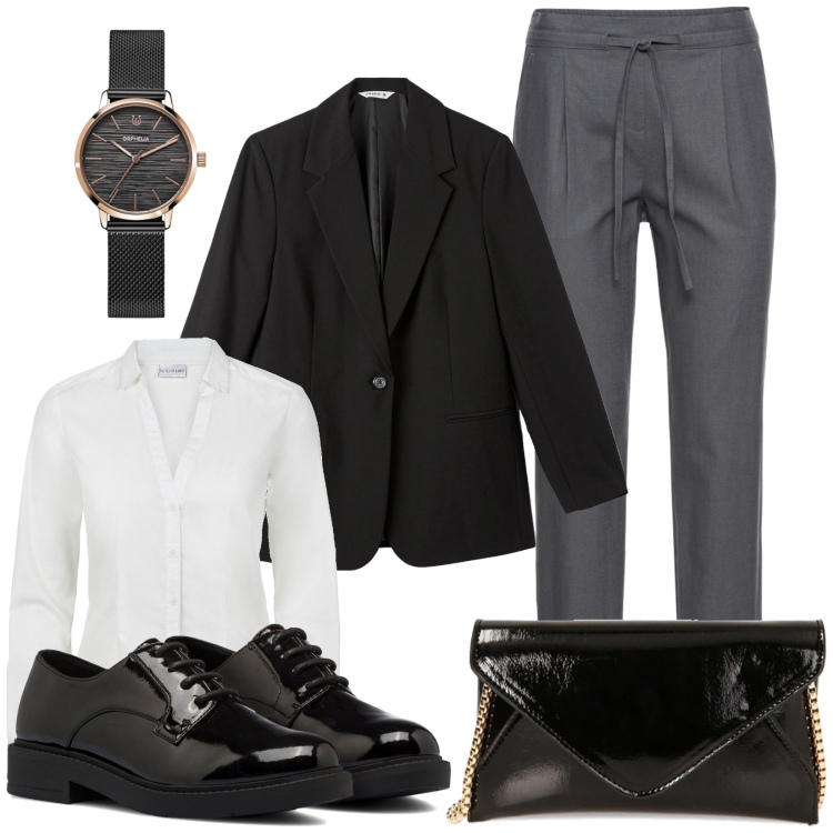 Outfit donna - Stile Mannish in ufficio. Stile Mannish per Ufficio. Abbinamento con pantaloni, camicie, blazer, borse a tracolla, scarpe stringate, orologi analogici.