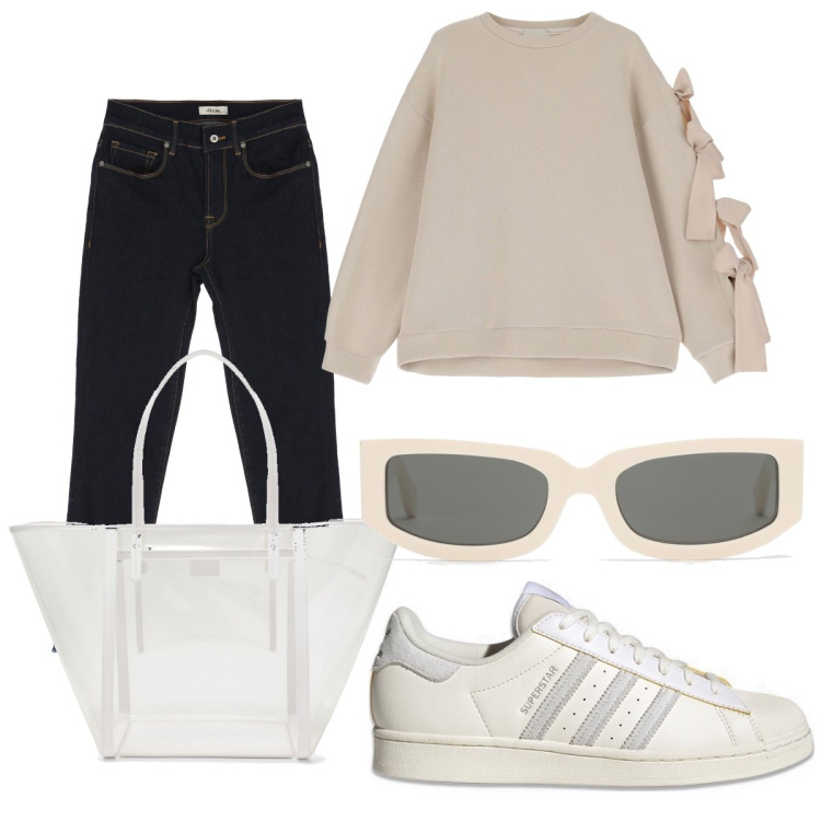 Outfit donna - Total look #1750688. Stile Mannish per Tutti i giorni. Abbinamento con felpe, jeans slim fit, sneakers, occhiali da sole, borse tote.