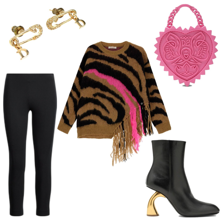 Outfit donna - Trendyssima !!!!. Stile Trendy per Tutti i giorni. Abbinamento con orecchini, maglieria, pantaloni skinny, stivaletti, borse a mano.