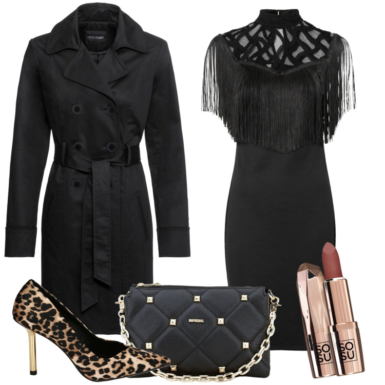 Outfit donna - L\'abito con le frange. Stile Glamour per Serata fuori. Abbinamento con trench, vestiti, rossetti, pochette, décolleté.