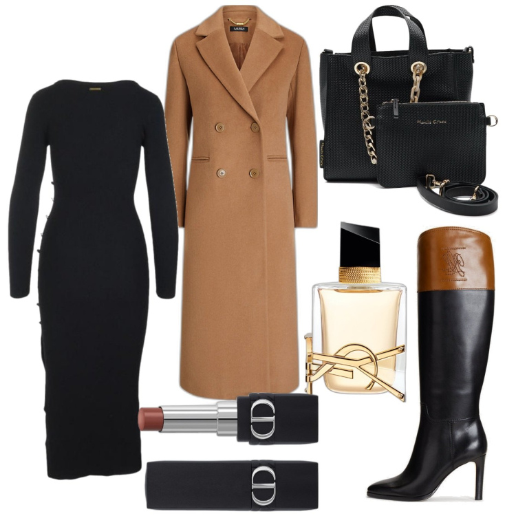 Outfit donna - Che classe. Stile Chic per Ufficio. Abbinamento con profumi, rossetti, cappotti, stivali sopra il ginocchio, vestiti a tubino, borse a mano.