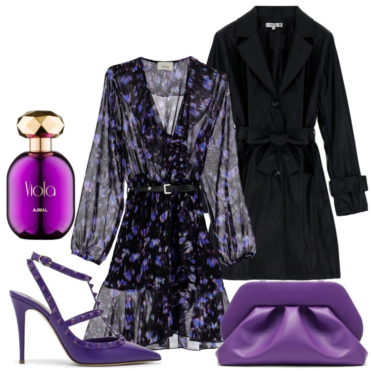 Outfit donna - Viola. Stile Glamour per Serata fuori. Abbinamento con profumi, cappotti, vestiti, clutch, scarpe col tacco.