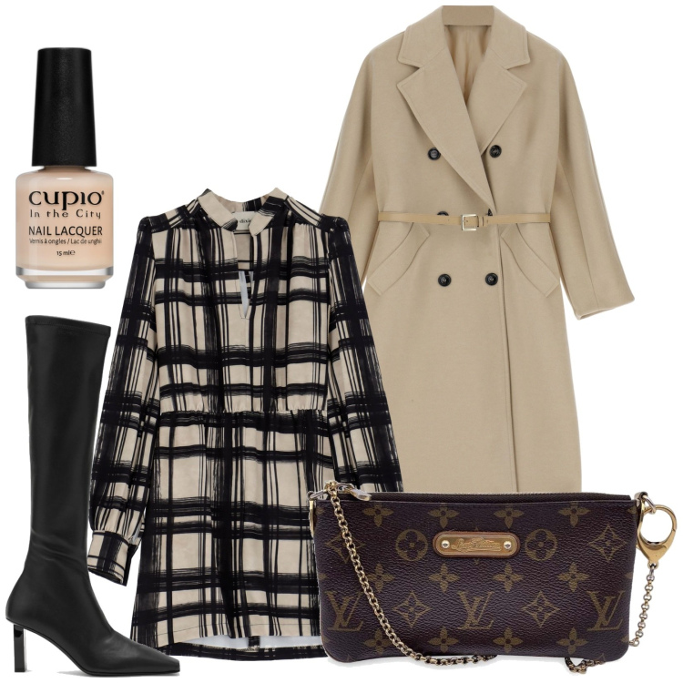 Outfit donna - Ottobre. Stile Chic per Serata fuori. Abbinamento con borse a mano, smalti, cappotti, vestiti corti, stivali sopra il ginocchio.