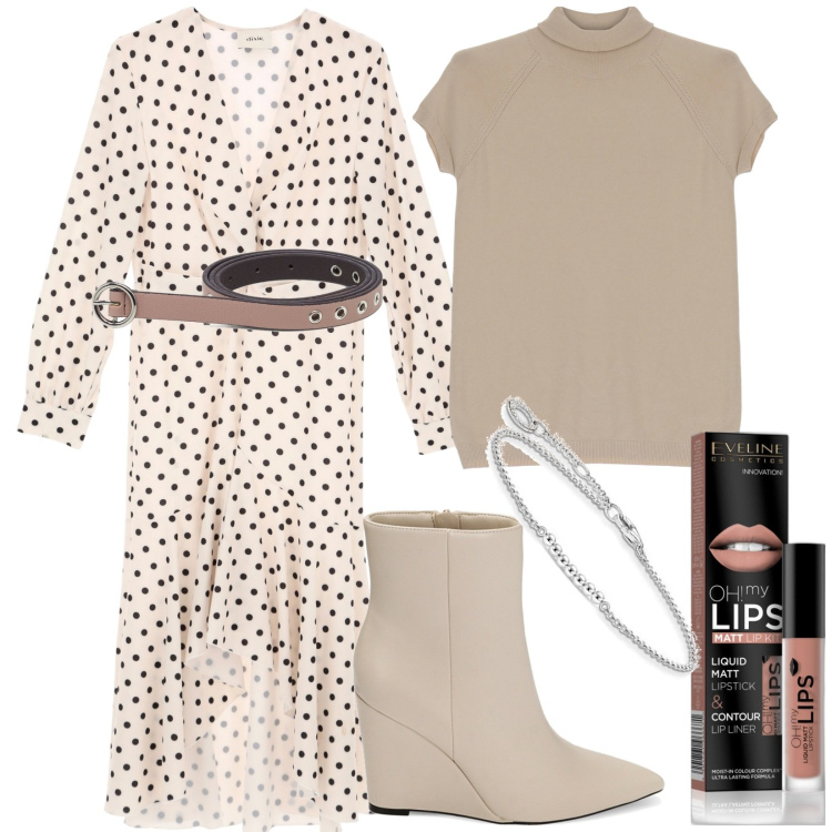 Outfit donna - Total look #1750826. Stile Casual per Tutti i giorni. Abbinamento con rossetti, maglieria, stivaletti, cinture, vestiti asimmetrici, braccialetti.