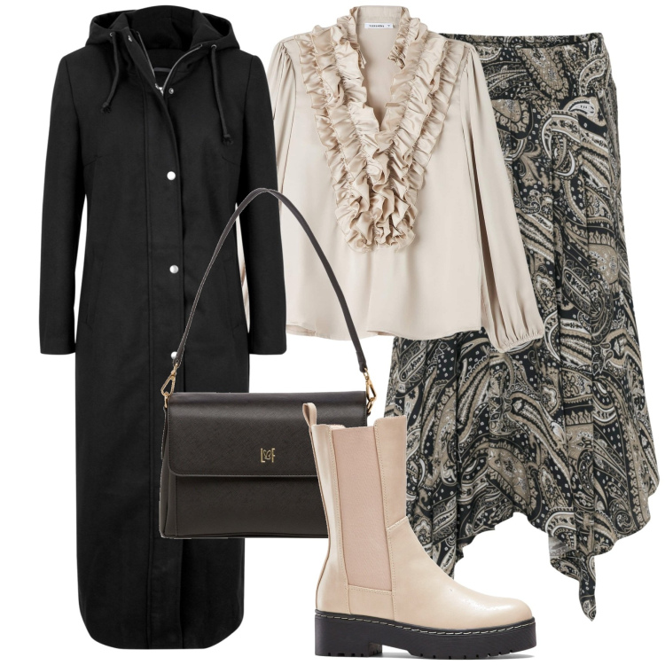 Outfit donna - Stampa paisley. Stile Urban per Tutti i giorni. Abbinamento con gonne longuette, cappotti, stivali, camicie, borse a tracolla.