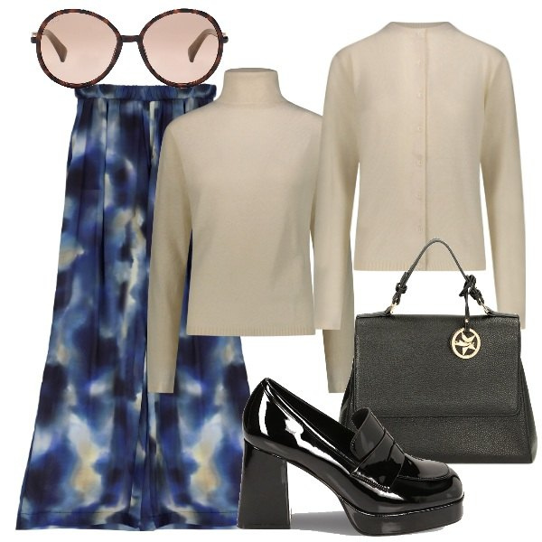 Outfit donna - Gemello da ufficio. Stile Bon Ton per Ufficio. Abbinamento con occhiali da sole, pantaloni a palazzo, mocassini, borse a mano, cardigans, pullovers.