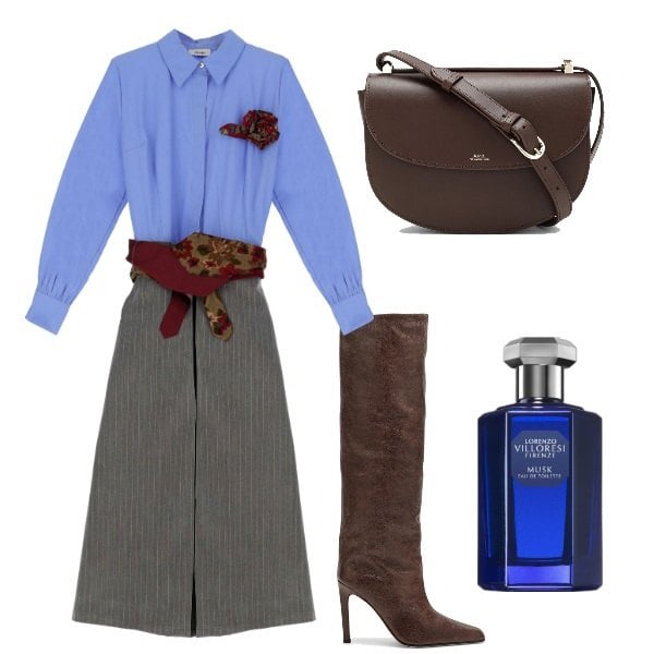 Outfit donna - Tutto in uno. Stile Trendy per Ufficio. Abbinamento con profumi, vestiti midi/longuette, borse a tracolla, stivali.