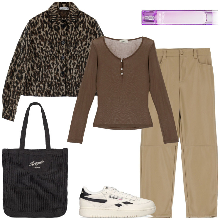 Outfit donna - Sui toni del marrone. Stile Casual per Tutti i giorni. Abbinamento con profumi, cappotti, pantaloni capri, maglieria, shopping bag, sneakers.