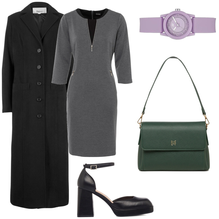 Outfit donna - Cappotto lungo nero. Stile Minimal per Ufficio. Abbinamento con cappotti, vestiti, décolleté, borse a tracolla, orologi.