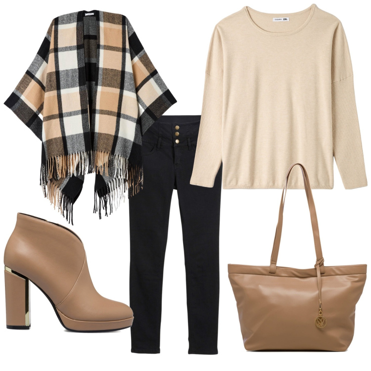Outfit donna - Frange autunnali. Stile Casual chic per Tutti i giorni. Abbinamento con jeans skinny, cappe, maglieria, borse a spalla, stivaletti.