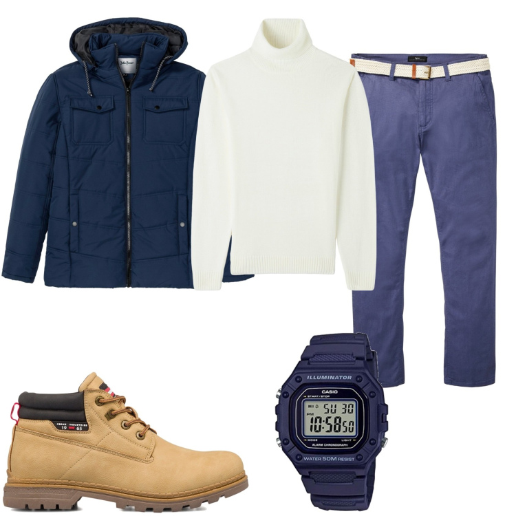 Outfit uomo - Casual fuori città. Stile Casual per Tutti i giorni. Abbinamento con pantaloni chino, giacche, maglieria, stivali e stivaletti, orologi digitali.