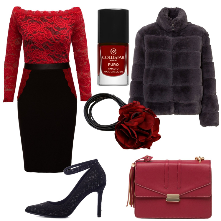 Outfit donna - Tubino sexy in pizzo. Stile Sexy per Serata fuori. Abbinamento con vestiti a tubino, ecopellicce, smalti, décolleté, borse a tracolla, collane.