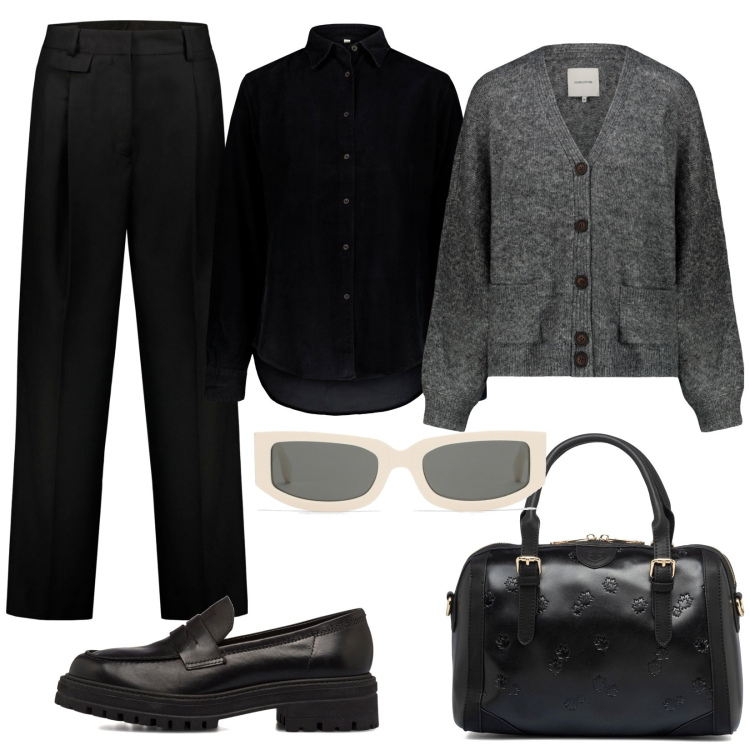 Outfit donna - Stile mannish. Stile Mannish per Ufficio. Abbinamento con mocassini, borse a mano, pantaloni, cardigans, camicie, occhiali da sole.