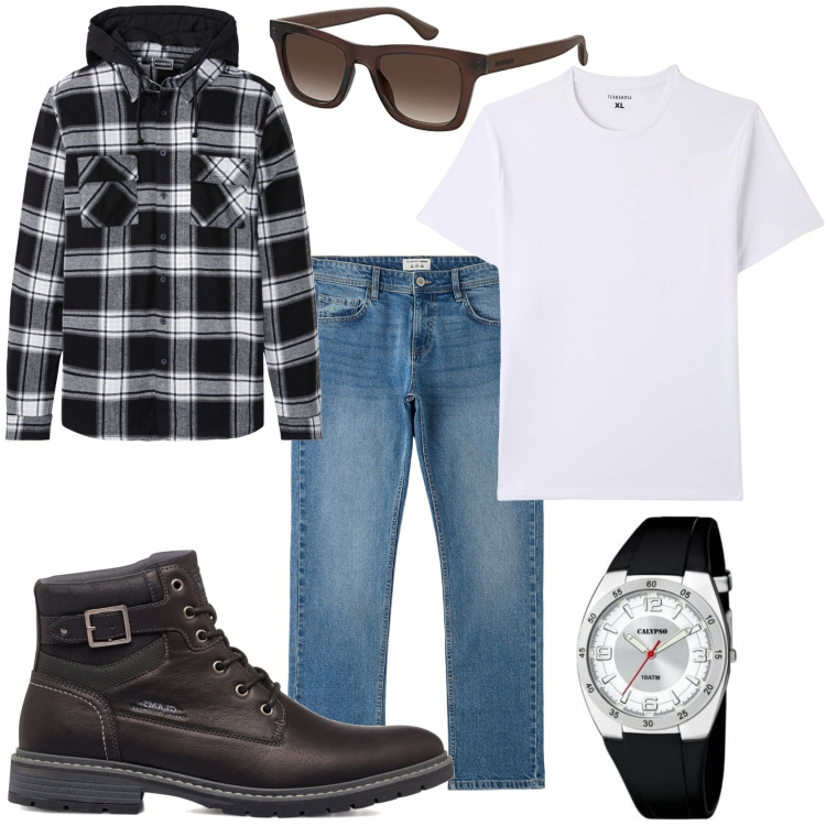 Outfit uomo - Una giornata in campagna. Stile Casual per Tutti i giorni. Abbinamento con camicie, jeans, t-shirt, anfibi, occhiali da sole, orologi analogici.