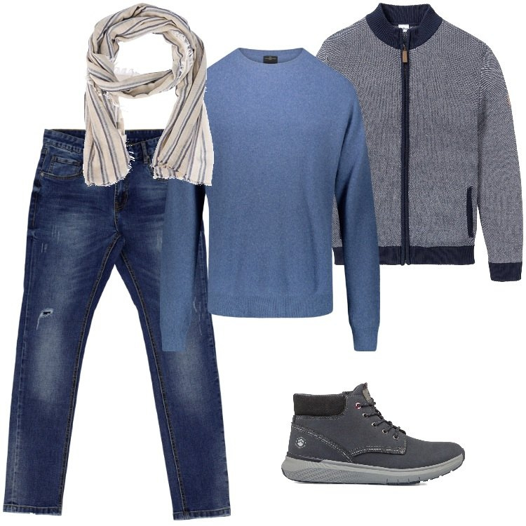 Outfit uomo - Free Time - Ottobre. Stile Casual per Tutti i giorni. Abbinamento con cardigans, jeans slim fit, stivali e stivaletti, maglieria, sciarpe.