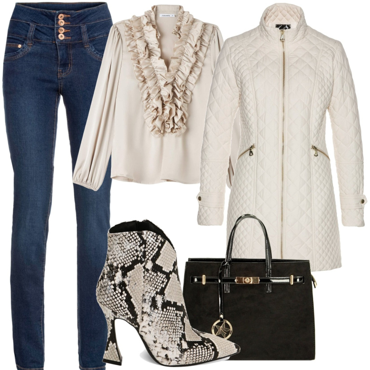 Outfit donna - Total look #1750945. Stile Casual per Tutti i giorni. Abbinamento con blazer, jeans, camicie, stivaletti, borse a mano.