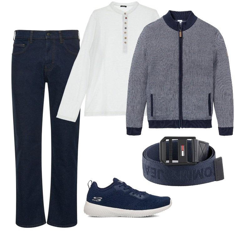 Outfit uomo - Free Time - Ottobre. Stile Casual per Tutti i giorni. Abbinamento con cardigans, camicie, sneakers, jeans dritti, cinture.