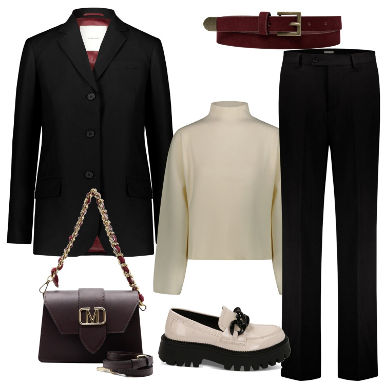 Outfit donna - Total look #1750950. per Serata fuori. Abbinamento con mocassini, maglieria, blazer, pantaloni, borse a spalla, cinture.