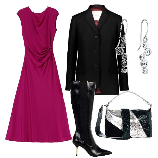 Outfit donna - Vestito in satin e stivali con il tacco. Stile Romantica per Cerimonia. Abbinamento con stivali sopra il ginocchio, borse a mano, vestiti midi/longuette, blazer, orecchini.