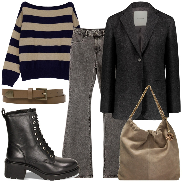Outfit donna - Look ottobre. Stile Casual chic per Tutti i giorni. Abbinamento con jeggings, pullovers, borse a spalla, anfibi, cinture, blazer.