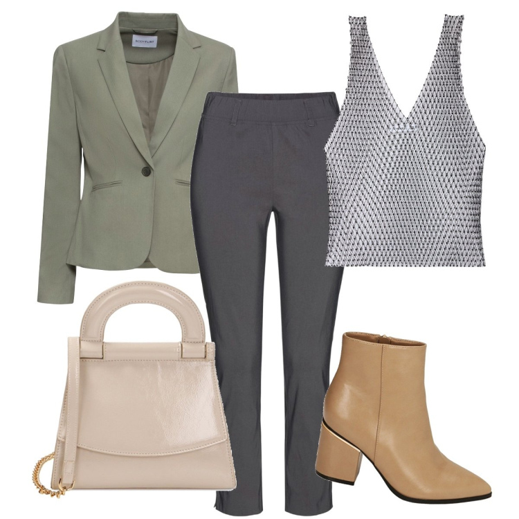 Outfit donna - Aperitivo tra colleghe. Stile Bon Ton per Ufficio. Abbinamento con blazer, pantaloni, top, stivaletti, borse a mano.