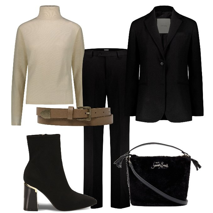 Outfit donna - Lupetto bianco e giacca nera. Stile Basic per Ufficio. Abbinamento con stivaletti, pullovers, cinture, pantaloni, borse a mano, blazer.