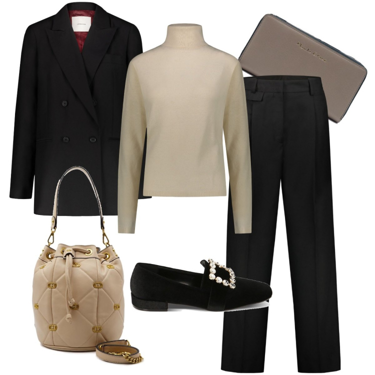 Outfit donna - Classica per l’ufficio. Stile Bon Ton per Ufficio. Abbinamento con mocassini, pullovers, pantaloni, portafogli, blazer, borse a spalla.