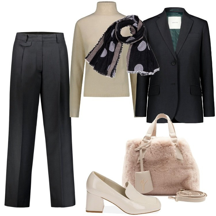 Outfit donna - Business Fit - Ottobre. Stile Mannish per Ufficio. Abbinamento con mocassini, pullovers, pantaloni, blazer, borse a mano, sciarpe.