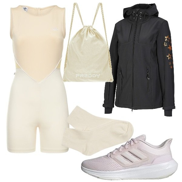 Outfit donna - Lezione in palestra. Stile Sporty chic per Sport. Abbinamento con giacche sportive, zaini, collant, tute, scarpe sportive.