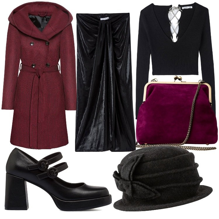 Outfit donna - urban witch. Stile Vintage retrò per Serata fuori. Abbinamento con cappotti, cappelli, gonne lunghe, maglieria, décolleté, clutch.