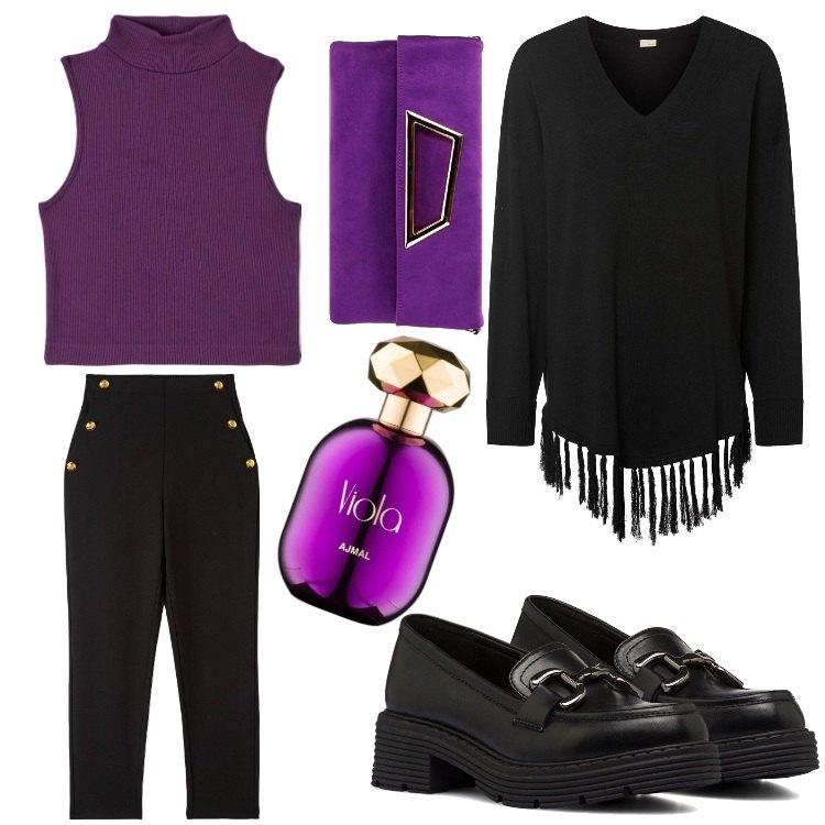 Outfit donna - Frange mania. Stile Casual chic per Serata fuori. Abbinamento con cappotti, pantaloni chino, top, profumi, pochette, mocassini.
