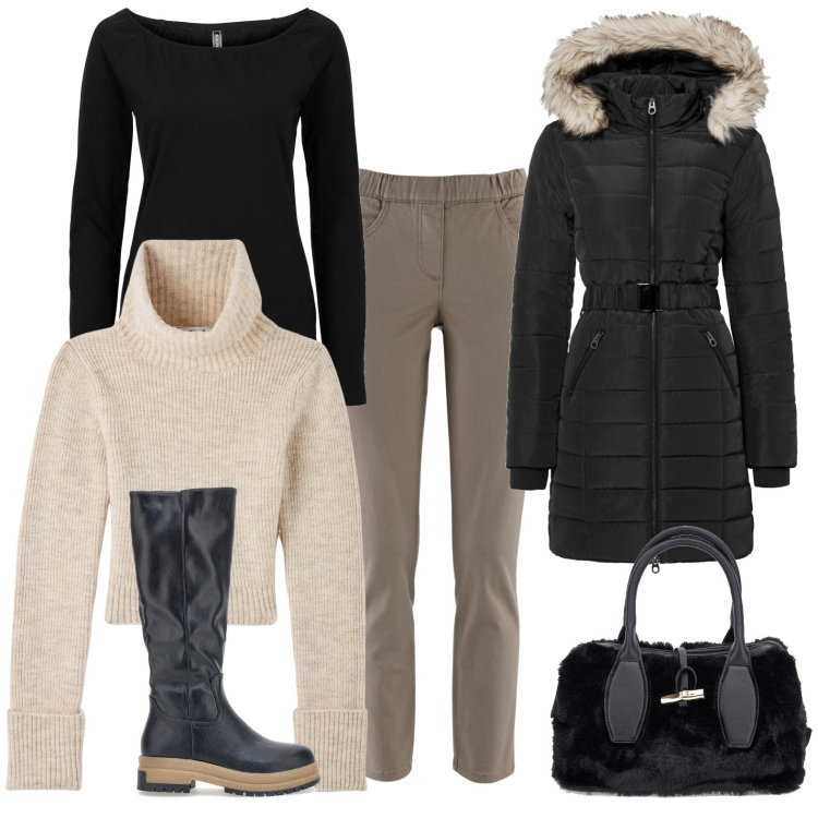 Outfit donna - Il potere dello stivale. Stile Casual per Tutti i giorni. Abbinamento con pantaloni, giacche, maglieria, maglieria, stivali sopra il ginocchio, borse a mano.