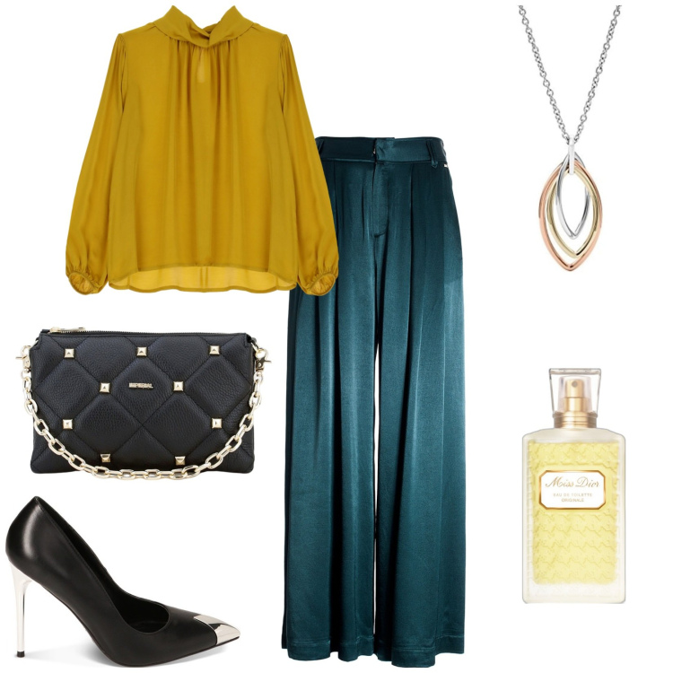 Outfit donna - Aperitivo?. Stile Chic per Serata fuori. Abbinamento con profumi, pantaloni a palazzo, pochette, décolleté, camicie, collane.