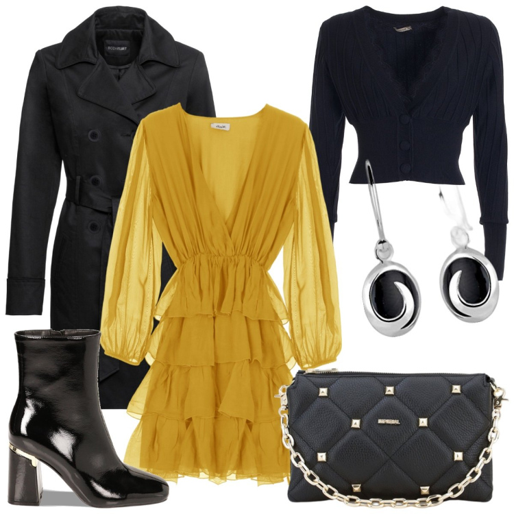 Outfit donna - Serata giallo e nero. Stile Sexy per Serata fuori. Abbinamento con trench, cardigans, pochette, stivaletti, vestiti corti, orecchini.