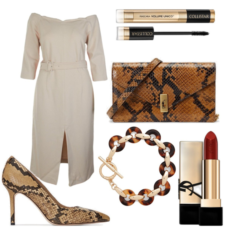 Outfit donna - Animalier elegante. Stile Glamour per Serata fuori. Abbinamento con rossetti, mascara, clutch, décolleté, braccialetti, vestiti a tubino.