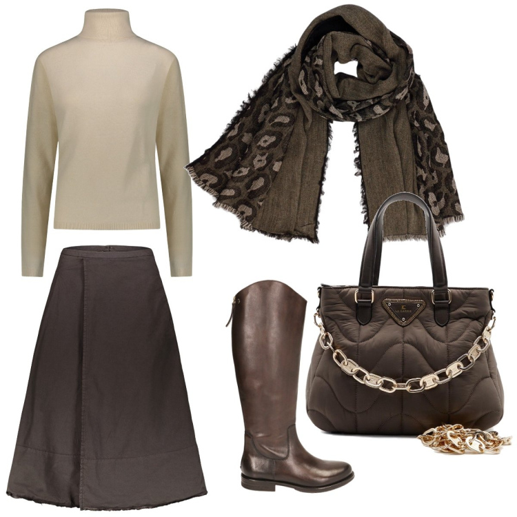 Outfit donna - Classic Brown. Stile Casual per Tutti i giorni. Abbinamento con stivali sopra il ginocchio, pullovers, gonne lunghe, sciarpe, borse a spalla.