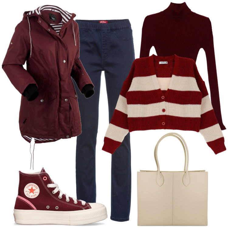 Outfit donna - Parka bordeaux. Stile Basic per Tutti i giorni. Abbinamento con blazer, jeggings, cardigans, maglieria, borse a spalla, sneakers.