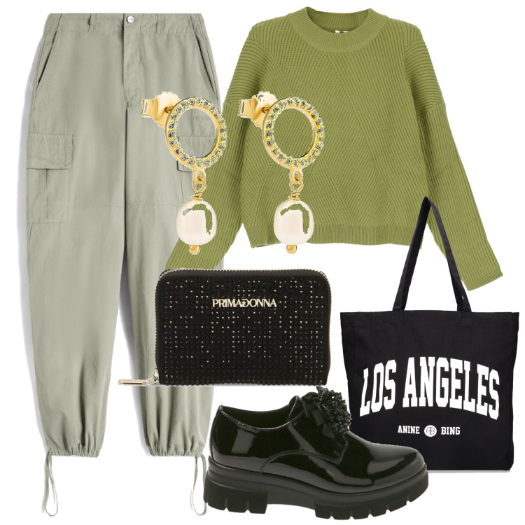 Outfit donna - Comoda in volo. Stile Casual chic per Tutti i giorni. Abbinamento con pullovers, pantaloni cargo, scarpe stringate, portafogli, orecchini, shopping bag.