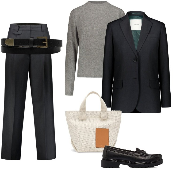 Outfit donna - Total look #1751125. Stile Mannish per Ufficio. Abbinamento con mocassini, pantaloni, blazer, pullovers, cinture, borse a mano.