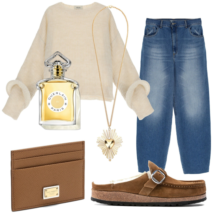 Outfit donna - Basic di stile. Stile Basic per Tutti i giorni. Abbinamento con profumi, sandali in pelle, jeans, ciondoli, pullovers, portafogli.