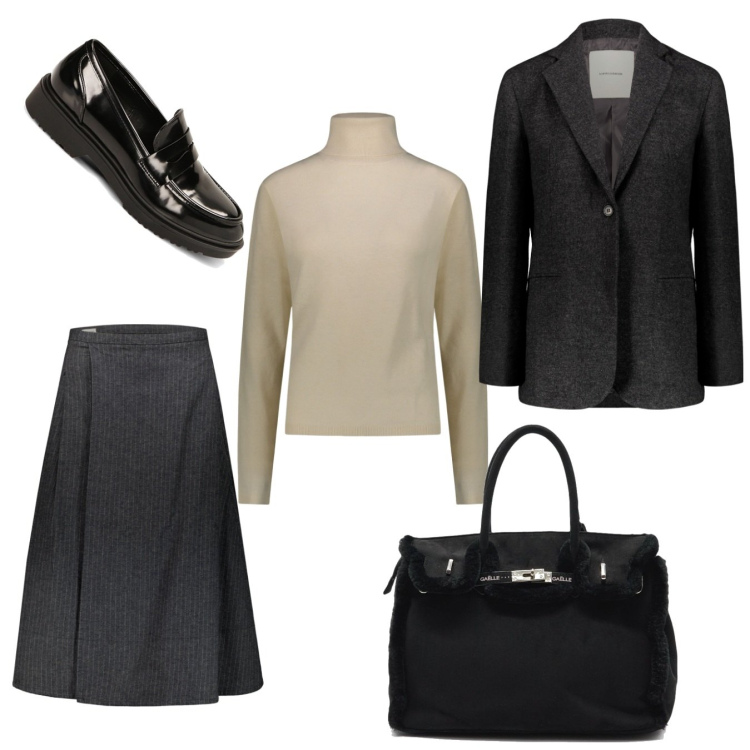 Outfit donna - Classica per l\' ufficio. Stile Mannish per Ufficio. Abbinamento con mocassini, pullovers, gonne lunghe, borse a mano, blazer.