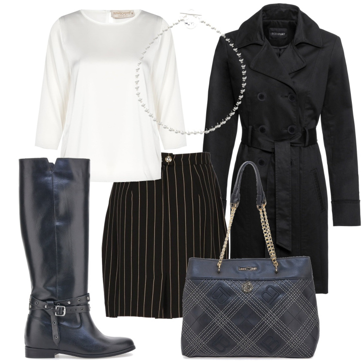 Outfit donna - Gli stivali alti. Stile Urban per Tutti i giorni. Abbinamento con trench, minigonne, bluse, collane, stivali sopra il ginocchio, borse a spalla.