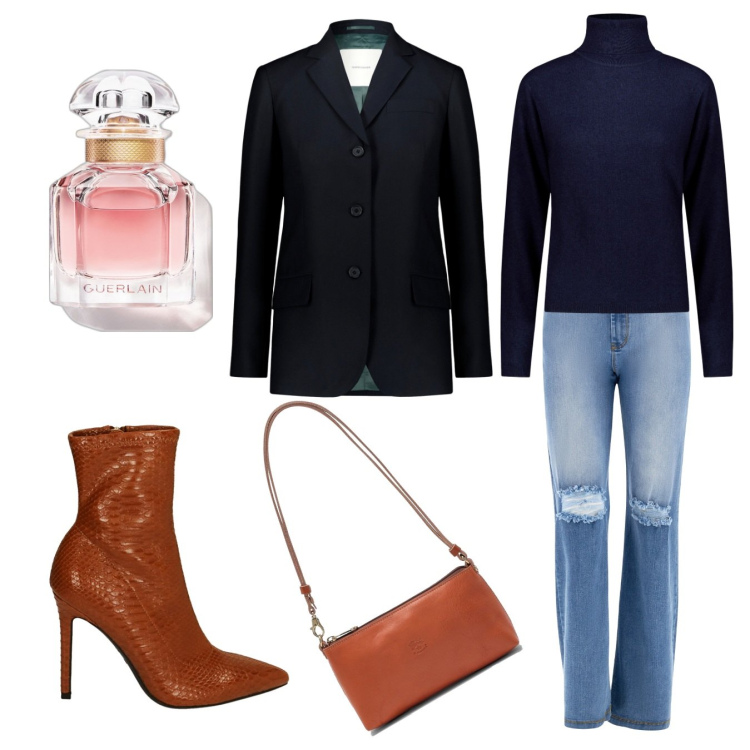 Outfit donna - Appuntamento. Stile Casual chic per Tutti i giorni. Abbinamento con profumi, stivaletti, jeans strappati, blazer, maglieria, borse a spalla.