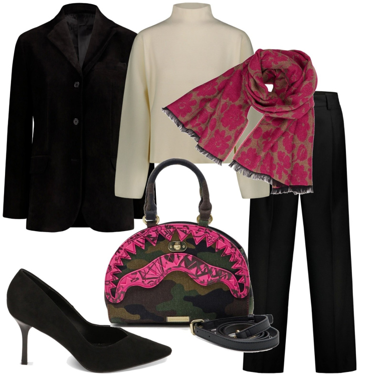 Outfit donna - Serata fuori. Stile Chic per Serata fuori. Abbinamento con décolleté, pantaloni, maglieria, borse a mano, blazer, sciarpe.