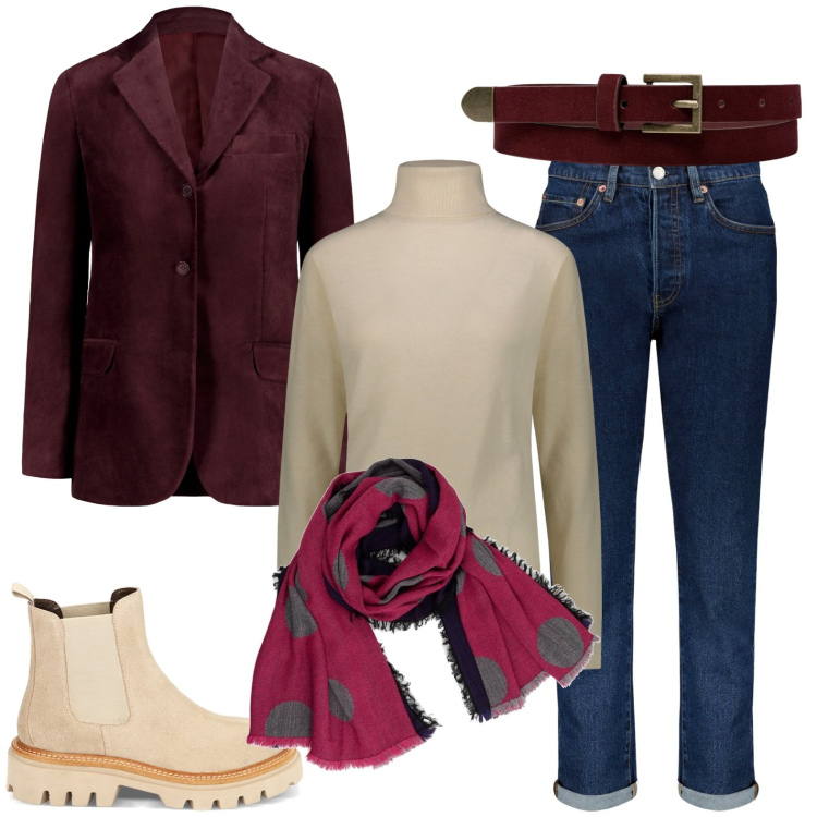 Outfit donna - A passeggio. Stile Casual per Tutti i giorni. Abbinamento con stivaletti chelsea, pullovers, blazer, sciarpe, jeans, cinture.