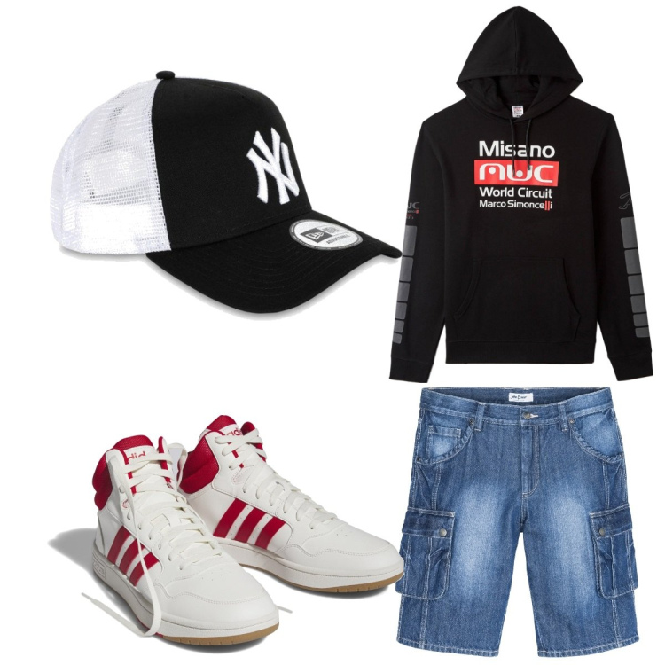 Outfit uomo - Total look #1751284. Stile Trendy per Tutti i giorni. Abbinamento con bermuda, felpe con cappuccio, sneakers alte, cappelli con visiera.