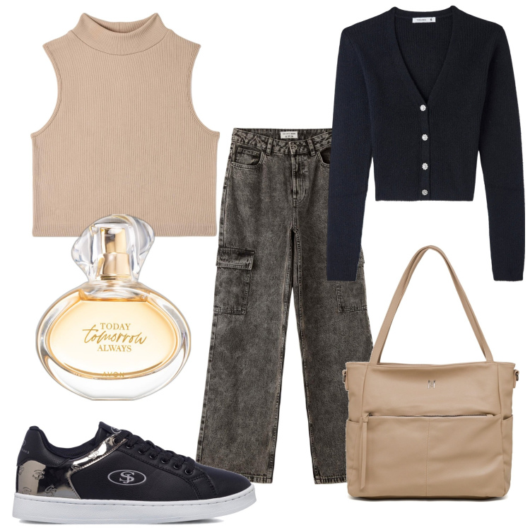 Outfit donna - Il lupetto. Stile Urban per Tutti i giorni. Abbinamento con profumi, jeans, cardigans, top, sneakers, borse a tracolla.