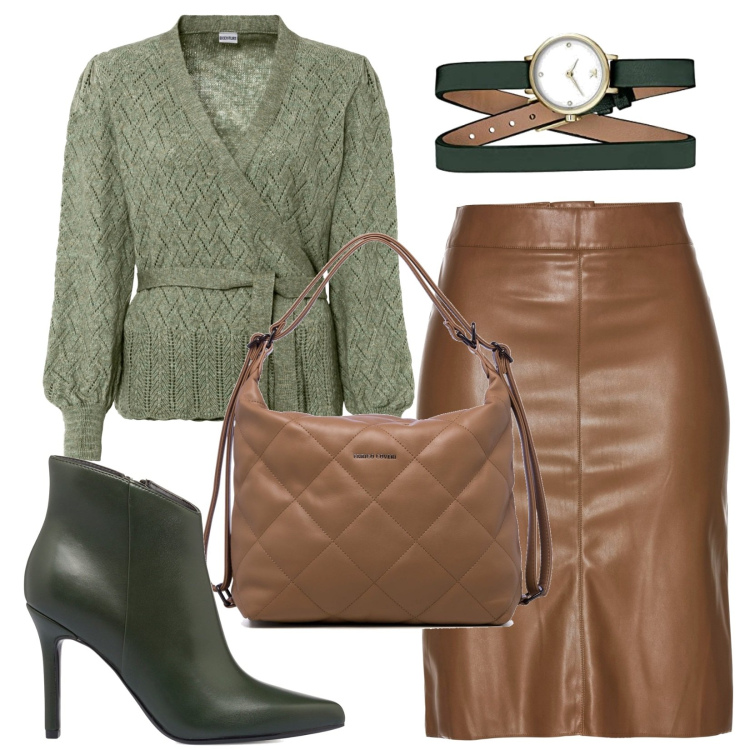 Outfit donna - in ufficio. Stile Casual chic per Ufficio. Abbinamento con maglieria, gonne longuette, stivaletti, zaini, orologi analogici.
